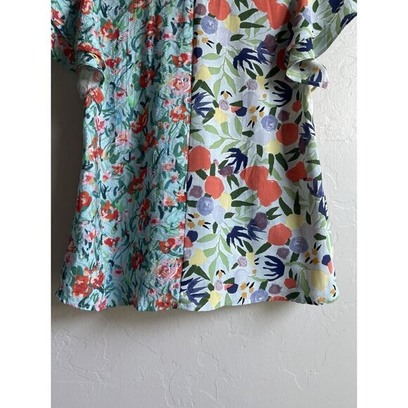 Entro Size Small Floral Top Mixed Print Faux Wrap Short Sleeve V-Neck Colorful A - Picture 11 of 12